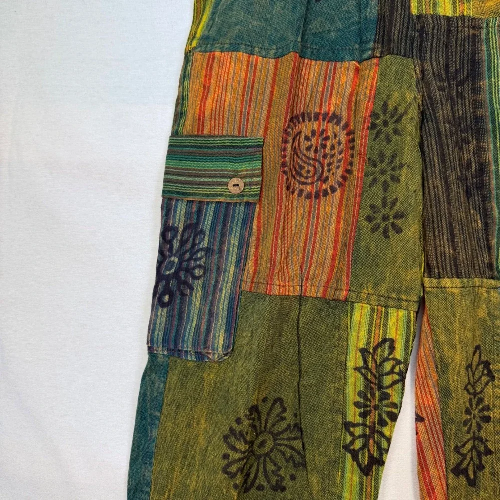 Windhorse Nepal Patchwork Cotton Cargo Pants Boho Hippie Festival Multi S/M NEW